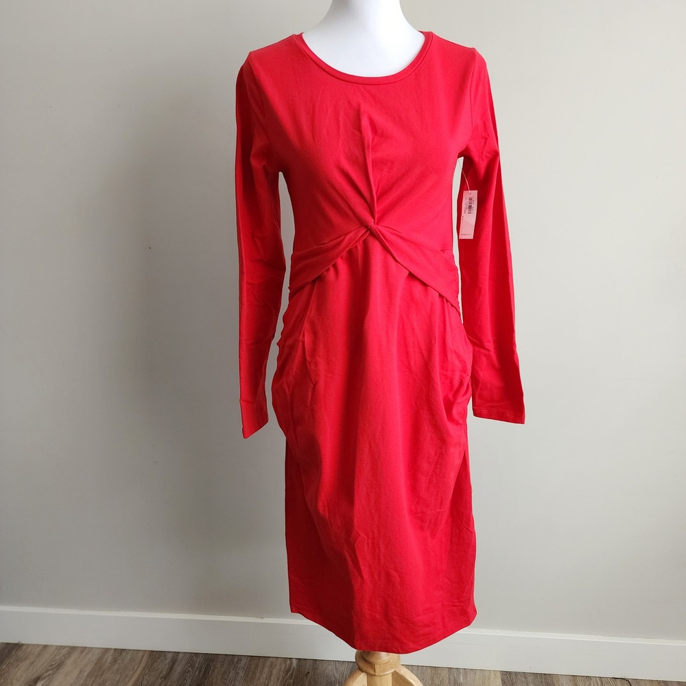 Old Navy Maternity‎ Dress Fitted Long Sleeve Womens Small Red Twist Front Ruched